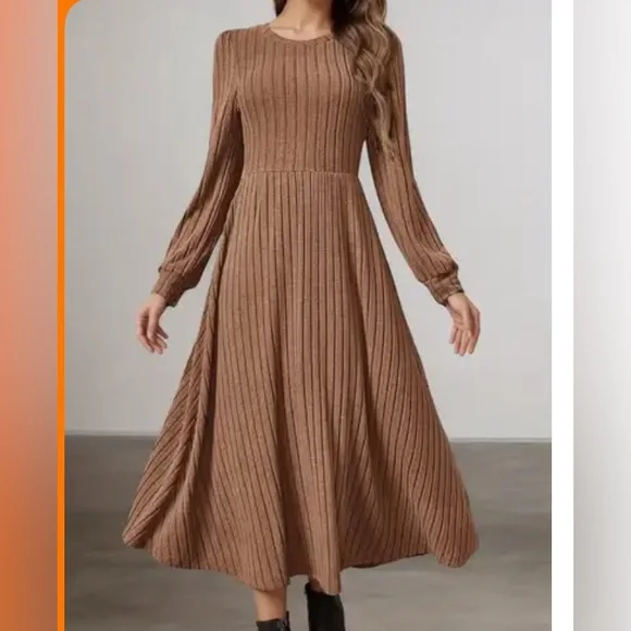 Elegant Brown Ribbed Knit Dress - Picture 7 of 7